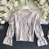 Vår Höst Kvinnors Toppar Koreansk stil Perspektiv Hollow Lace V-Neck Blus Trumpet Sleeve All-Match Kvinna GX349 210507