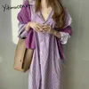 Yitimuceng Long Shirt Dresses for Women Oversized Striped Korean Fashion Simple Midi Dress Blue Purple Spring Summer 210601