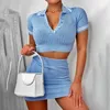 Summer fashion women's turn down collar thread knitted crop top sweater and pencil skirt two piece dress sexy twinset SMLXLXXL3XL