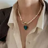 Retro Baroque Irregular Natural Pearl Necklaces for Women Blue Green Color Glass Heart Pendant Chokers Necklace