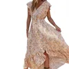 Freizeitkleider Damen Asymmetrisches Kleid Kurze Schmetterlingsärmel V-Ausschnitt Schärpen Bohemian