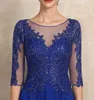 Élégant bleu Royal thé longueur mousseline de soie dentelle mère de la Robe de mariée paillettes a-ligne Robe De soirée nuptiale Robe De soirée personnalisée