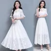 High Quality summer fashion temperament women O Collar Flower Printed short Sleeve Chiffon Long Dress 210531
