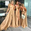 2021 Szampan Złoto Długie Split Bridemaid Sukienki Backless Sexy Wedding Party Dress Settin Prom Suknie Vestido Madrinha