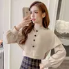 Blouses for Women Solid Vintage Spring Lantern Sleeve Ruffles Splicing Loose Stand Collar Chiffon Shirt Tops Female 210423