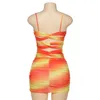 Omsj vestido de noite mulheres amarrar laranja laranja drapeado mini vestidos spaghetti strap sexy clubwear sem encosto verão magro vestido 210517