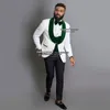 Costumes pour hommes Blazers 3 pièces Hommes Blanc Floral Jacquard Mariage Tuxedos Slim Fit Vert Velours Blazer + Gilet + Pantalon Groomsman Trajes de Hombre