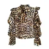 Décontracté imprimé léopard en mousseline de soie Blouse femmes à lacets nœud cou bouffée à manches longues hauts amples femme Vintage mode printemps vêtements 210531