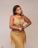 2021 Plus Storlek Arabisk Aso Ebi Gold Mermaid Sexy Prom Klänningar Lace Beaded Sheer Neck Sequined Evening Formell Party Andra receptionen klänningar klänning zj305