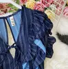 Mavi Çizgili Kırpma Üst Uzun Pantolon Iki Parçalı Set Kadın Yaz Seksi Backless Düğümlü Geniş Bacak Pantolon Parti 2 Takım kadın Tops