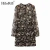 Sexy Bodycon Floral Mini Dress O Neck Pleated Chiffon Transparent Long Sleeve Print Party Vestido De Mujer 210508