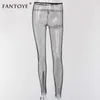 Fantoye Crystal Diamond Mesh Women Sexy Summer Hollow Out Transparent Loose Long Fishnet Pants Beachwear Trousers Q190516