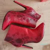 Bottes rouges en peau de serpent pour femmes, talons hauts, bout pointu, chaussures courtes sexy avec fermeture éclair, grande taille