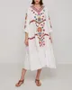 White Blue Navy Floral Flower Embroidery 3/4 Sleeve Loose Midi Dress D0635 210514