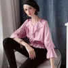 Dabuwawa Vintage Różowy Wzburzyć Rękaw V Neck Bluzka Top Nowoczesna Lady Kobiety Eleganckie Wrap Ham Bluzki Koszule Kobiet Do1ast049 210520