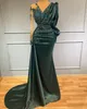 Dark Green V Neck Evening Dresses Party Wear Satin Crystal Long Sleeves Mermaid Prom Dress Custom Made Women Formal Gowns