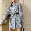 Streetwear verano mujeres elegante moda rayas con blusa de cinturón femme elegante elegante manga larga camisa camiseta tops Blusas coreanos 210514