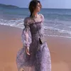 Summer Puff Rękaw Square Collar Boho Beach Kwiatowy Sukienka Kobiet Koronki Eleganckie Midi Kobiety Party Koreański 14514 210521