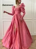 Roze Peals Beaded Avondjurken Lange Mouwen en Split Open Rok Party Town Taffeta Puffy Prom Dress Vestidos Robe de Soiree