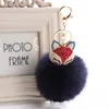 Fox päls head pompoms plysch boll keychain med konstgjord inlay pärla kristall rhinestone nyckel ring prydnad kvinna väska hänge dekor