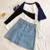 Saias Harajuku Mulheres da cintura alta saia de jeans azul de verão feminino streetwear y2k doce aluno fofo saco de bolsa selvagem simples, mini-line mini
