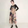 [EAM] Women Yellow Pattern Printed Midi Big Size Strap Dress Sleeveless Loose Fit Fashion Spring Autumn 1DD536107 210512