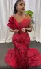 2022 Red Mermaid Prom Dresses 슬리빙 스팽글 레이스 아플리크 주름 장식 스위프 트레인 이브닝 파티 가운 플러스 커스텀 공식 OCN Wear 403 403