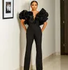 Arabe Aso Ebi noir élégant Sexy combinaisons robes de bal Scoop Satin volants soirée formelle fête deuxième réception pantalon costume