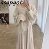 Retro Korean Chic Solid V Neck Batwing Sleeve Pullovers Sweater Knitted Top Loose Lace Patchwork Spaghetti Strap Dress Gentle 210429