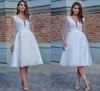 2022 Elegant Short Ivory Tulle Wedding Dress A Line Long Sleeves Pearl Knee-Length Bridal Gowns Wedding Party Dresses Vestido Novia Robe De Mariée