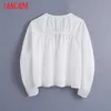 Tangada Women Fashion Pleated Crop White Blouses Vintage V Neck Three Quarter Sleeve Female Shirts Chic Tops BE518 210609