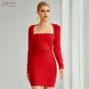 Donne invernali Red Bodycon Bandage Dress Sexy Manica Lunga senza spalline Mini Club Celebrity Puntersa Partito Vestido 210423