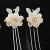 Forseven Chinese Style White Flower Leaf Pearls Long Tassel Hairpin Clips Headpieces Hanfu Dress Hair Dekorativa smycken H091673858848355