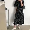 Yitimuceng Polka Dot Klänningar för Kvinnor Ruched Midi Dress High Waist Puff Sleeve Vit Svart Sundress Sommar Koreansk Fashion 210601