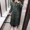 O Neck Green Floral Print Długim Rękawem Sukienka Wakacje Kobiety Splity Plised Ruched Waist Luźne Midi Suknie Eleganckie 210429