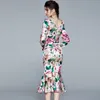 Взлетно-посадочная полоса цветок напечатана знаменитость Ruched Slim Bodycon MIDI платье с длинным рукавом квадратный воротник винтажные ретро платья 210421