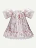 Robe en Satin pour bébé, imprimé Floral, dentelle contrastée, manches bouffantes, ourlet à volants, elle