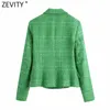 Zevity Women Anglia Styl Double Breasted Green Tweed Woolen Blazer Płaszcz Vintage Kobiet Z Długim Rękawem Chic Garnitury Topy CT695 211019