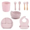 8 STKS BABY SILICONE BIB Verdeeld Diner Plaat Sucker Bowl Lepel Vork Cup Set Training Voeding Voedsel Gebruiksvoorwerp Geschalen G1210