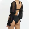 Seksi Mesh Dikiş Puf Kollu Bayanlar Bodysuit Tops Chic Streetwear Uzun Kollu Dantel-up Backless İnce Tulum 210517 Oymak