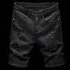 Zomer puur wit zwart lichtgewicht gescheurde denim shorts klassieke merk kleding jonge mannen slanke rechte casual jeans