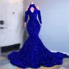 Vintage Royal Blue Long Sleeve Sequins Prom Dresses High Neck 2022 Off Axel Evening Gowns Women Formal Eccase Vestidos Plus 228G