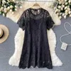 Neploe Elegant Lace Hook Flower Temperament Dress Women High Waist Hip A Line Slim Vestidos O Neck Pullover Short Sleeve Robe Y0823