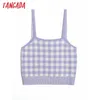 Tangada femmes violet Plaid tricot Camis haut court Spaghetti sangle sans manches dos nu chemises femme décontracté hauts 6H11 210609