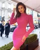 Winter Women Sexy Designer Puff Long Sleeve Pink Bandage Dress Ladies Elegant Bodycon Party Vestido 210527