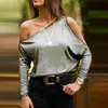 Kadın Yaz Tops Katı Renk Skew Yaka Tişörtleri Bir Omuz Gömlek Nedensel Uzun Kollu Tee Temel Giyim Streetwear D25 210401