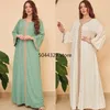 Etnische Kleding Herfst Moslim Vrouwen Lange Mouw V-hals Groen Wit Abaya Jurk