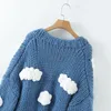 New design women's fashion luxury handmade knitted crochet white cloud pattern coarse wool knitted short loose sweater cardigan coat