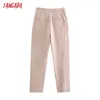 Tangada Mode Frauen Solide Anzug Hosen Hosen Hohe Taille Taschen Tasten Büro Dame Hosen Pantalon QD79 Q0801