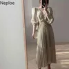Koreanische Chic V-ausschnitt Druck Kordelzug Kleid Frauen Hohe Taille Hüfte Falte Eine Linie Chiffon Ropa Elegante Puff Langarm vestido 210422